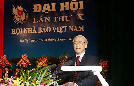 Tổng Bí thư Nguyễn Phú Trọng dự và phát biểu tại Đại hội đại biểu toàn quốc lần thứ X Hội Nhà báo Việt Nam năm 2015.  Ảnh: TTXVN