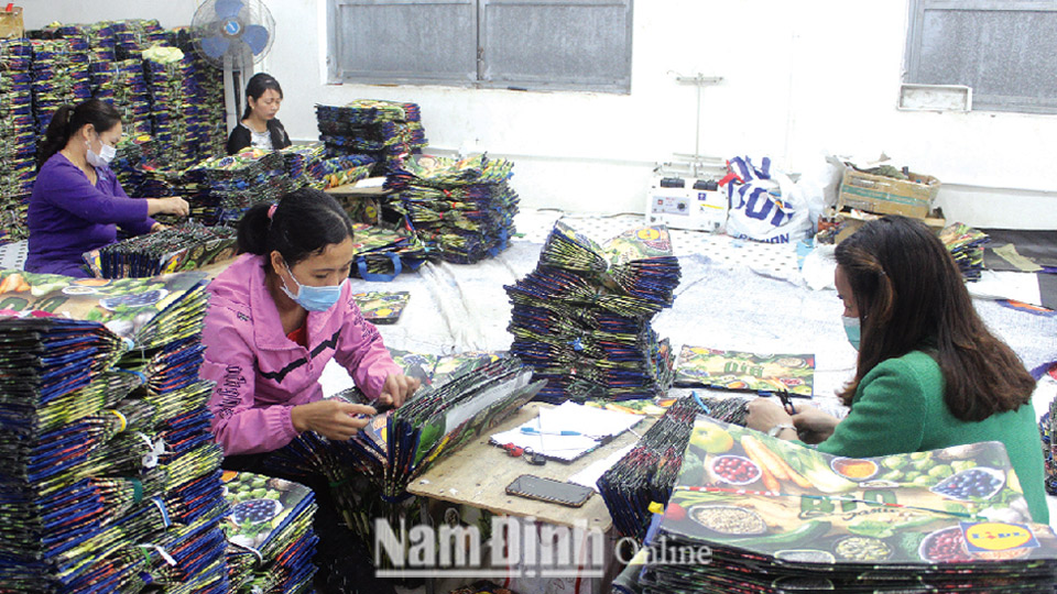 Phụ nữ xóm 8 Hải Toàn, xã Hải An sản xuất túi siêu thị xuất khẩu.