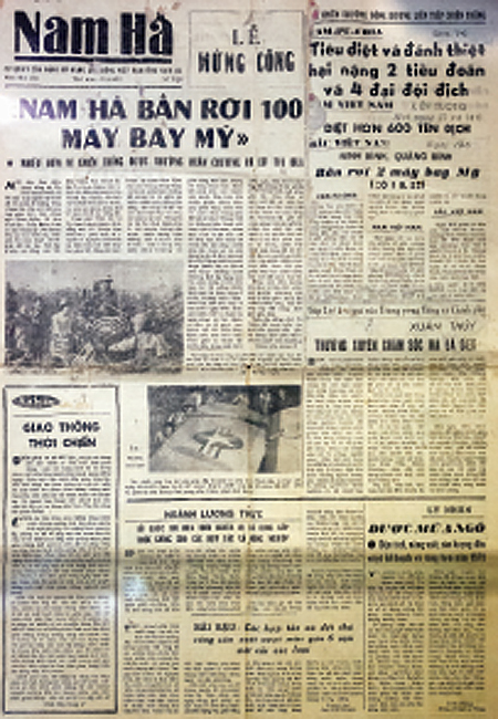 Tờ báo Nam Hà số ra 1102, thứ 5 ngày 22-6-1972 với dòng tít lớn “Nam Hà bắn rơi 100 máy bay Mỹ” và đăng hình ảnh chiếc máy bay Mỹ thứ 100 bị quân và dân tỉnh ta bắn rơi.
