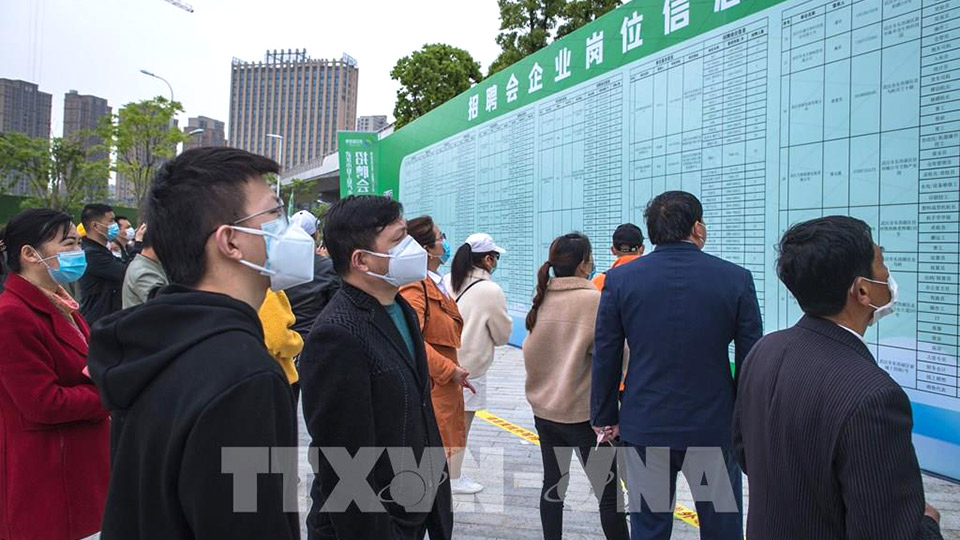 Người tìm việc theo dõi thông tin tại một hội chợ việc làm ở Vũ Hán, tỉnh Hồ Bắc, Trung Quốc trong bối cảnh thành phố vừa trải qua cuộc khủng hoảng nghiêm trọng do dịch COVID-19 bùng phát.  Ảnh: THX/TTXVN