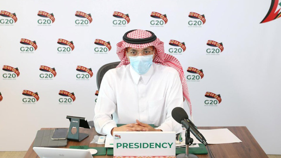 Bộ trưởng Tài chính A-rập Xê-út Mohammed al-Jadaan chủ trì cuộc họp trực tuyến giữa những người đứng đầu ngành tài chính và ngân hàng các nước G20.  Ảnh: Reuters