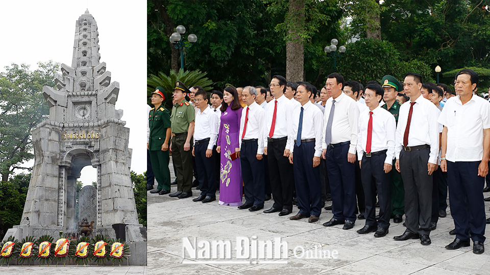 Các đồng chí lãnh đạo tỉnh và thành phố Nam Định dự Lễ dâng hương, đặt vòng hoa viếng các Anh hùng Liệt sĩ tại Đài tưởng niệm các Anh hùng Liệt sĩ tỉnh.