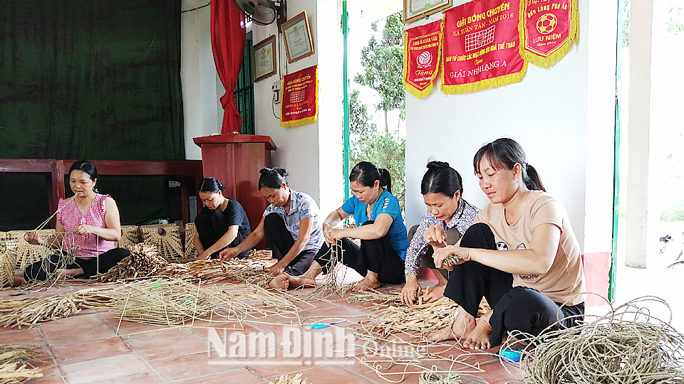 Hội viên phụ nữ xã Xuân Tân đan bèo tây.