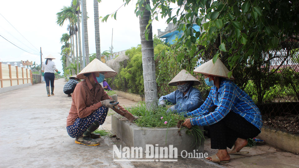Nhân dân tổ dân phố số 8, thị trấn Thịnh Long (Hải Hậu) tham gia dọn vệ sinh môi trường.  Bài và ảnh: Lam Hồng