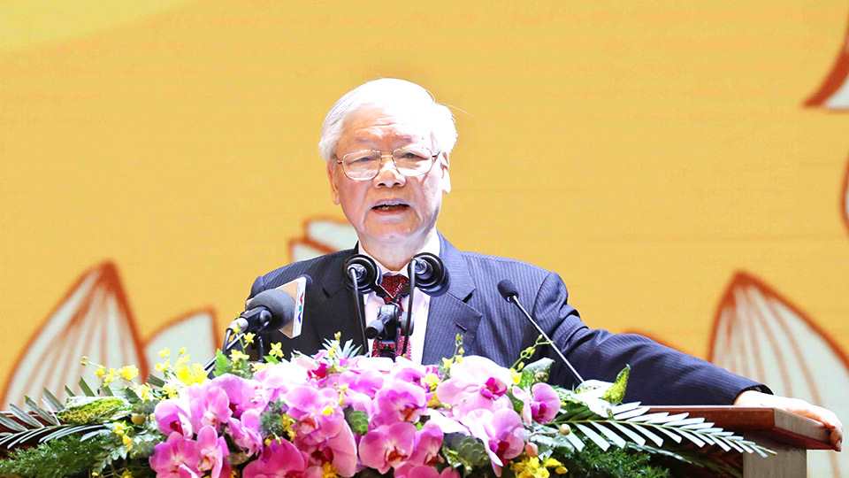 Tổng Bí thư, Chủ tịch nước Nguyễn Phú Trọng đọc diễn văn tại Lễ kỷ niệm.  Ảnh: Phương Hoa - TTXVN
