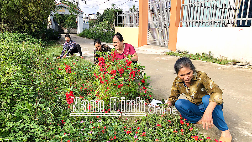 Chi hội trưởng Trần Thị Kén (thứ hai từ phải sang) chi Hội Phụ nữ thôn Lang Xá, xã Mỹ Tiến cùng hội viên chăm sóc đường hoa.