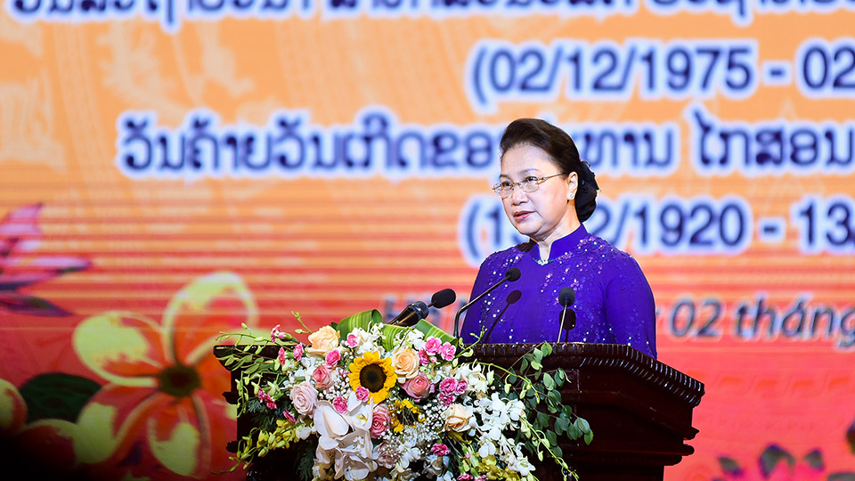 Chủ tịch Quốc hội Nguyễn Thị Kim Ngân phát biểu tại Lễ kỷ niệm.  Ảnh: BNG