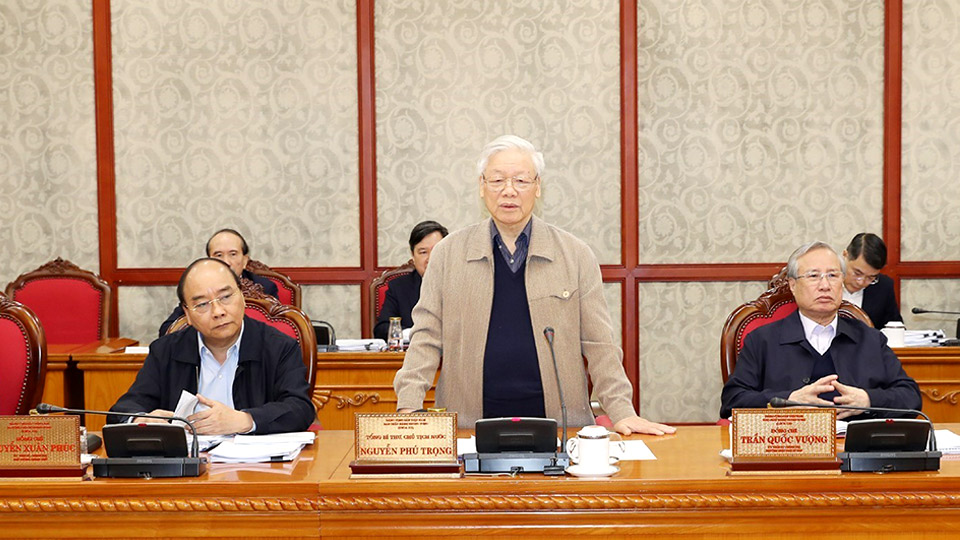Tổng Bí thư, Chủ tịch nước Nguyễn Phú Trọng phát biểu chỉ đạo cuộc họp.  Ảnh: TTXVN