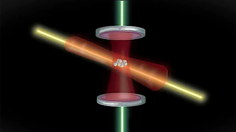 Các nguyên tử được chứa trong một khoang. Khi một tia laser chiếu qua khoang này, hiện tượng rối nguyên tử xảy ra và tần số dao động của chúng được ghi nhận lại. Điều này cho phép chiếc đồng hồ lượng tử hoạt động chính xác hơn. (Ảnh: SciTechDaily).