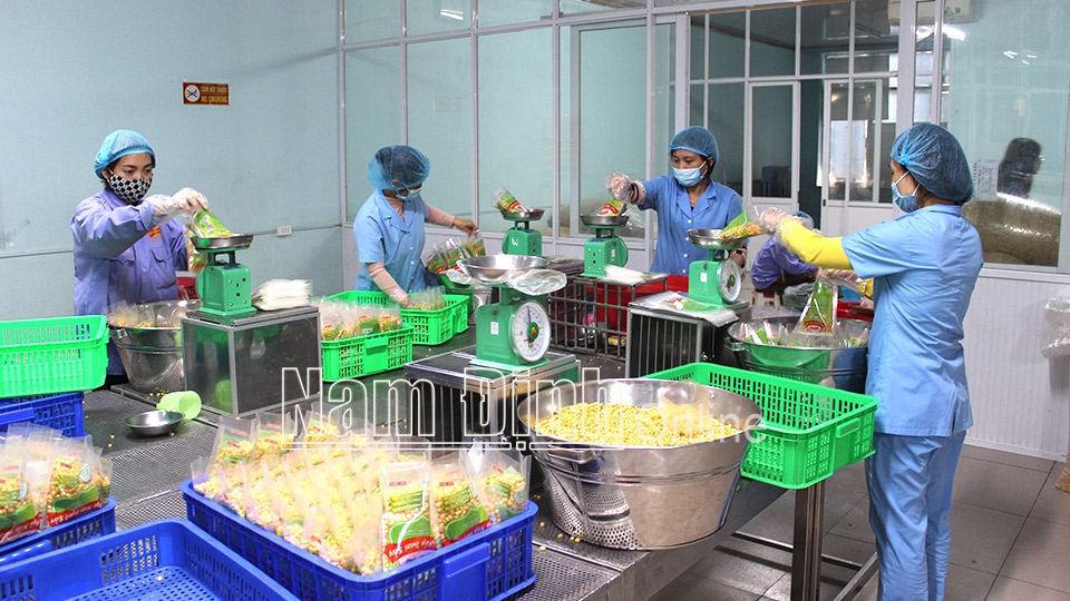 Đóng gói sản phẩm ngô sấy tại Công ty TNHH Minh Dương, Cụm công nghiệp An Xá (thành phố Nam Định).