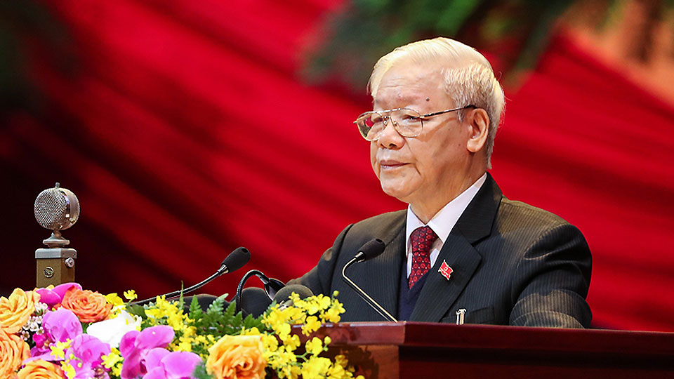 Tổng Bí thư, Chủ tịch nước Nguyễn Phú Trọng trình bày báo cáo của Ban Chấp hành Trung ương khóa XII. Ảnh: VGP/Nhật Bắc