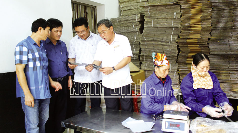 Các đồng chí lãnh đạo huyện Giao Thủy kiểm tra thực tế tại Công ty TNHH một thành viên Hải sản Hùng Vương, xã Giao Hải.