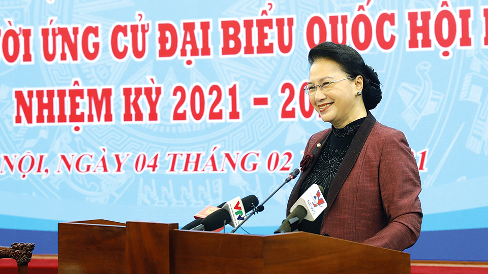 Chủ tịch Quốc hội Nguyễn Thị Kim Ngân, Chủ tịch Hội đồng Bầu cử quốc gia phát biểu chỉ đạo.  Ảnh: Dương Giang - TTXVN