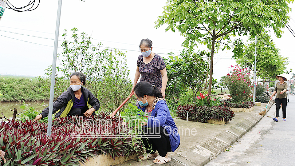 Hội viên phụ nữ xóm 15, xã Xuân Kiên (Xuân Trường) tham gia nhặt cỏ, dọn vệ sinh đường hoa.