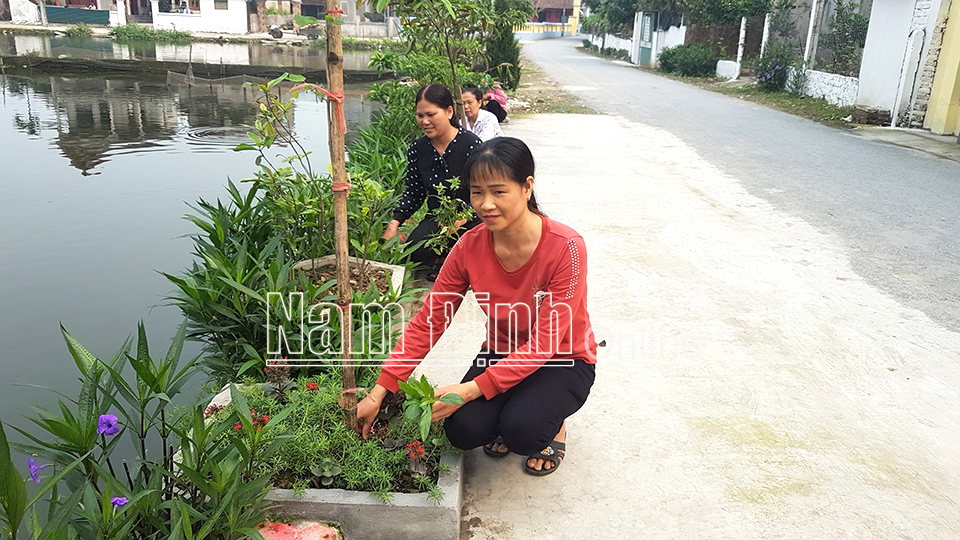 Phụ nữ thôn Chiều, xã Minh Tân (Vụ Bản) chăm sóc tuyến đường hoa kiểu mẫu.