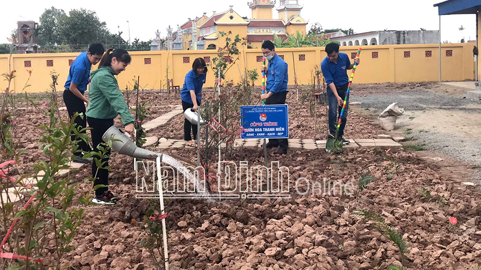 Chi đoàn thanh niên Trường Tiểu học xã Hải Long (Hải Hậu) trồng và chăm sóc công trình “Vườn hoa thanh niên”.