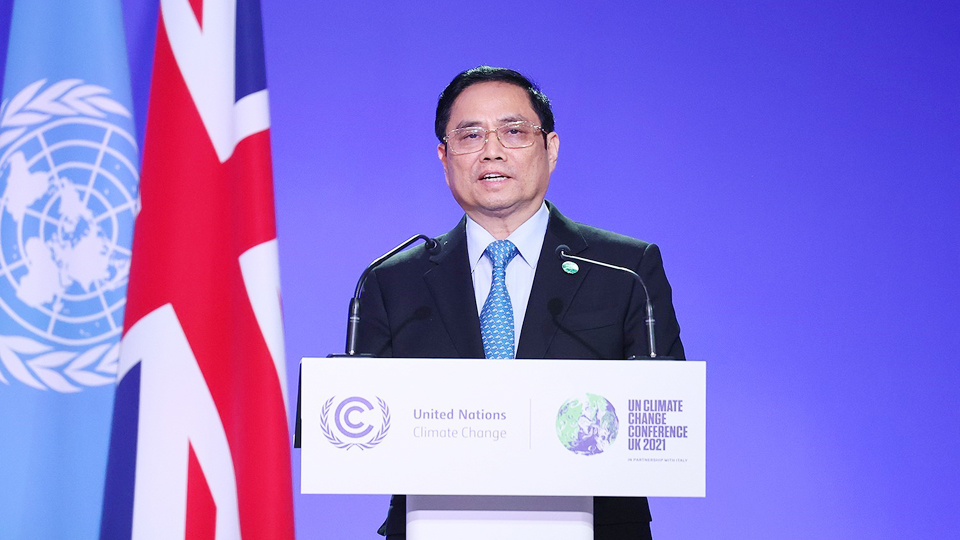Thủ tướng Phạm Minh Chính phát biểu tại Hội nghị Thượng đỉnh khí hậu trong khuôn khổ Hội nghị lần thứ 26 các Bên tham gia Công ước khung của Liên hợp quốc về Biến đổi khí hậu (COP26).  Ảnh: Dương Giang/TTXVN