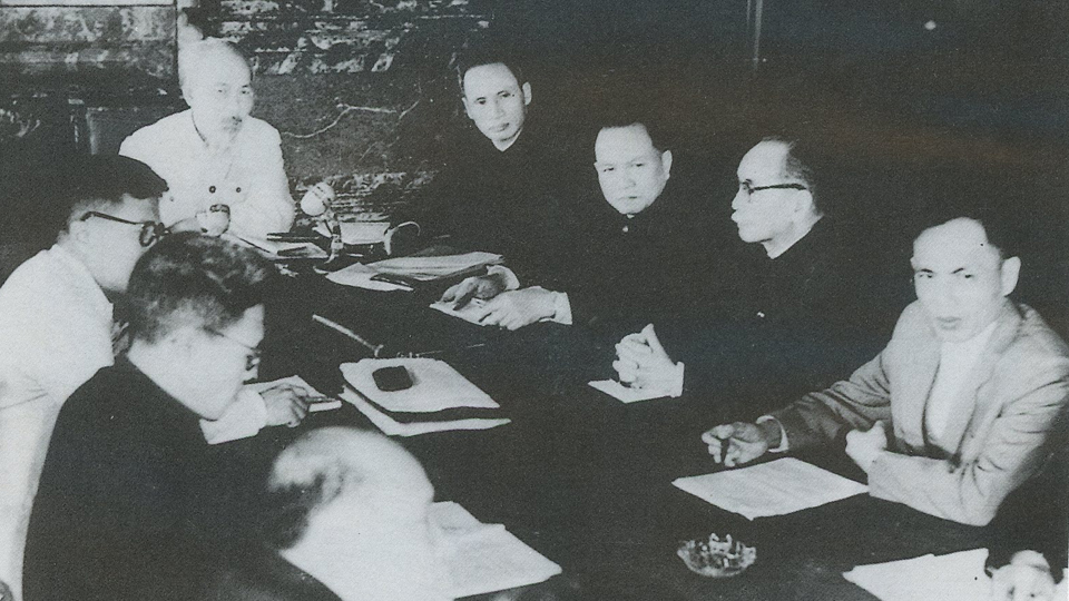 Chủ tịch Hồ Chí Minh, đồng chí Trường Chinh tại cuộc họp Hội đồng Chính phủ, năm 1959.