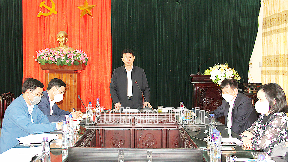 Đồng chí Nguyễn Hải Dũng, TUV, Phó trưởng đoàn chuyên trách Đoàn ĐBQH tỉnh phát biểu tại buổi làm việc với huyện Ý Yên.