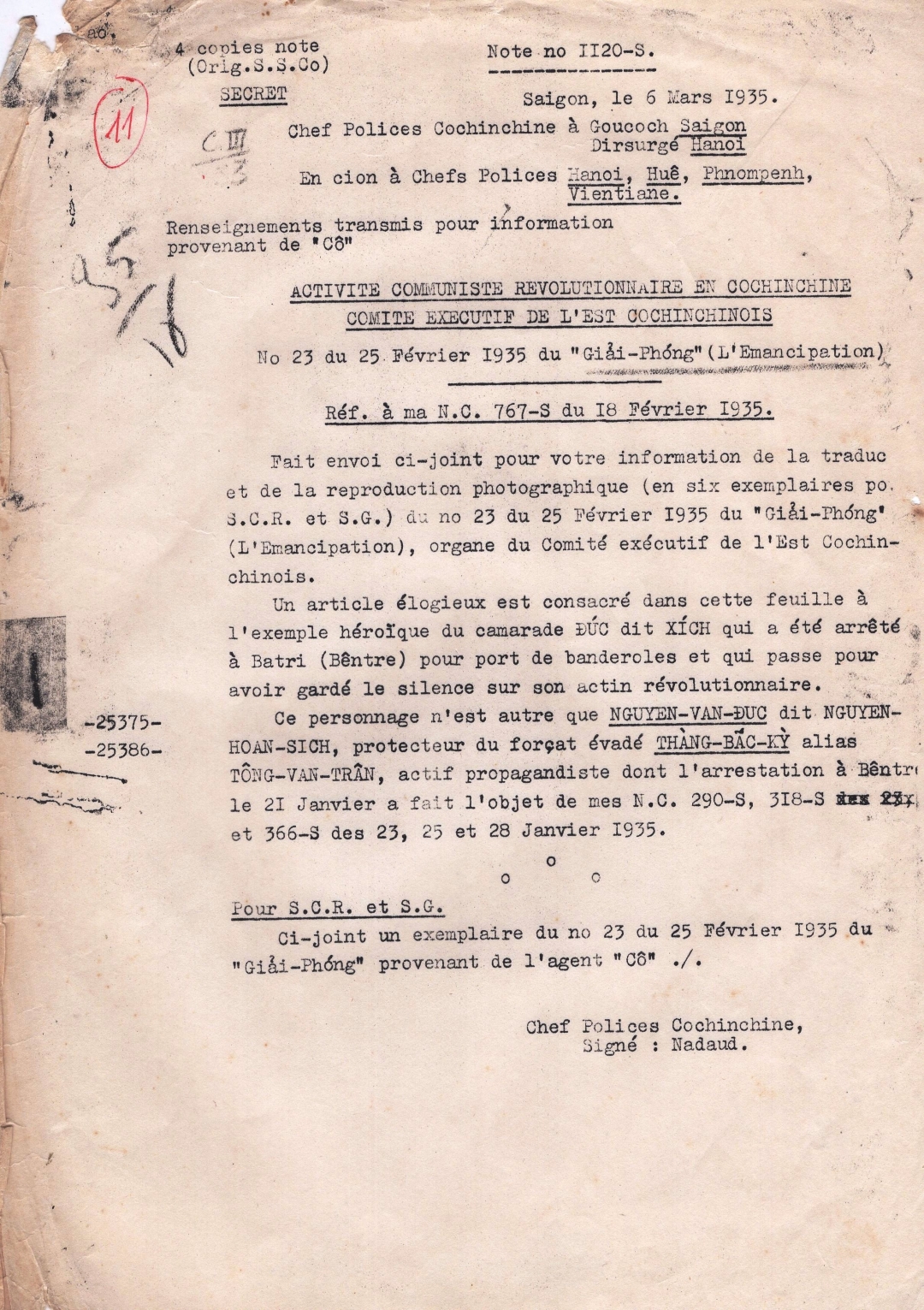 Công văn mật của Mật thám Pháp có nhắc tới nhà cách mạng Tống Văn Trân, năm 1935. Nguồn: Bảo tàng Báo chí Việt Nam