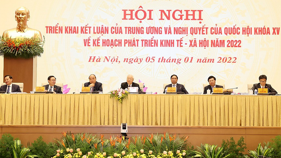 Tổng Bí thư Nguyễn Phú Trọng cùng các lãnh đạo Đảng, Nhà nước chủ trì Hội nghị.  Ảnh: Trí Dũng/TTXVN
