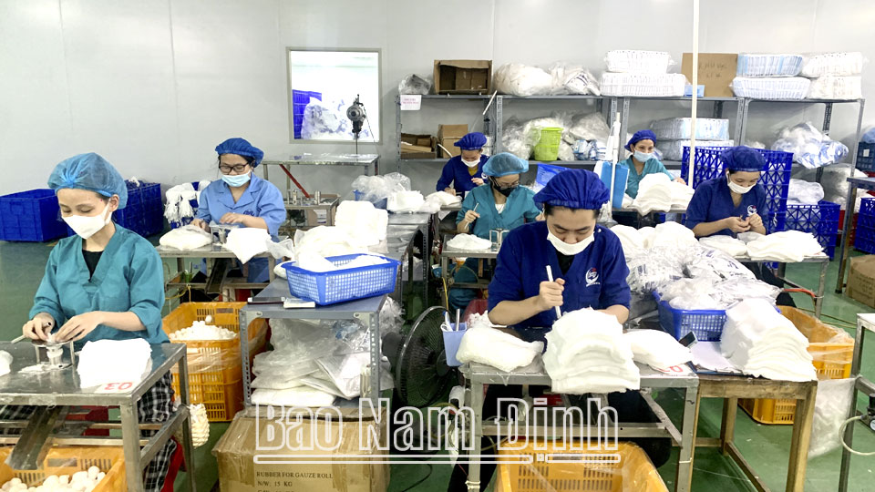 Sản xuất băng gạc y tế tại Công ty TNHH Đầu tư và Thương mại An Lành (thành phố Nam Định).