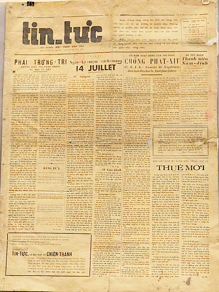 Báo Tin Tức, Mặt trận Dân chủ Đông Dương, số 20, ra ngày 27-7-1938. Nguồn: Bảo tàng Lịch sử Quốc gia Việt Nam