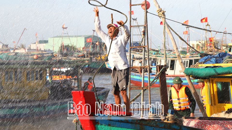 Diễn tập tình huống hỗ trợ ngư dân xã Giao Phong đưa tàu thuyền vào nơi tránh trú an toàn tại cửa Ba Lạt (Giao Thủy) trước khi có bão lớn.