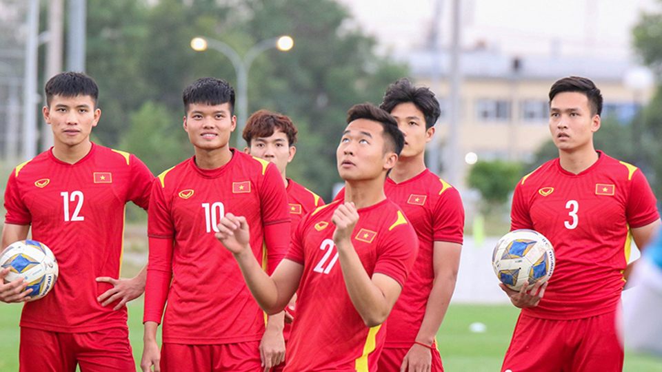 Các cầu thủ U23 Việt Nam tập luyện trước trận tứ kết với đội U23 Saudi Arabia. Ảnh VFF