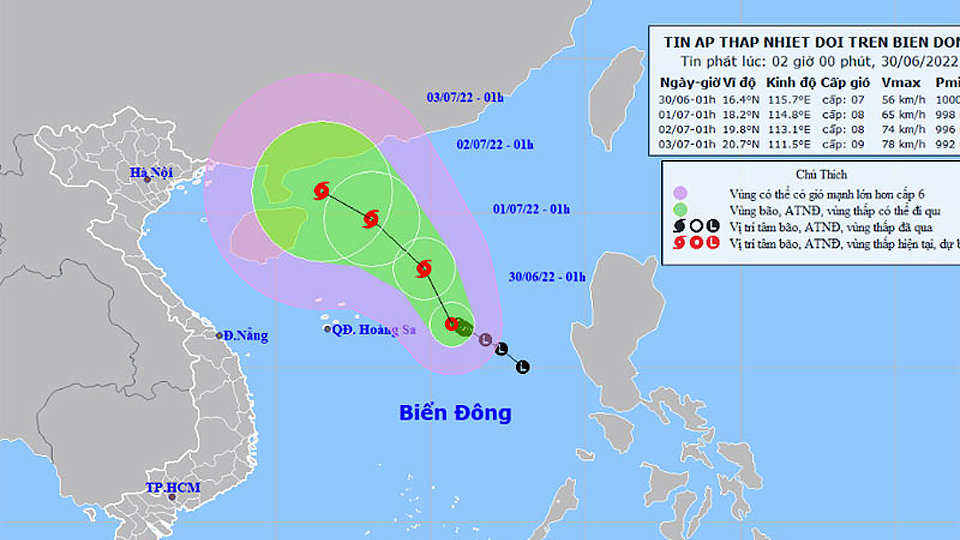 Vị trí và hướng di chuyển của áp thấp nhiệt đới lúc 1 giờ ngày 30/6. (Nguồn: nchmf.gov.vn)