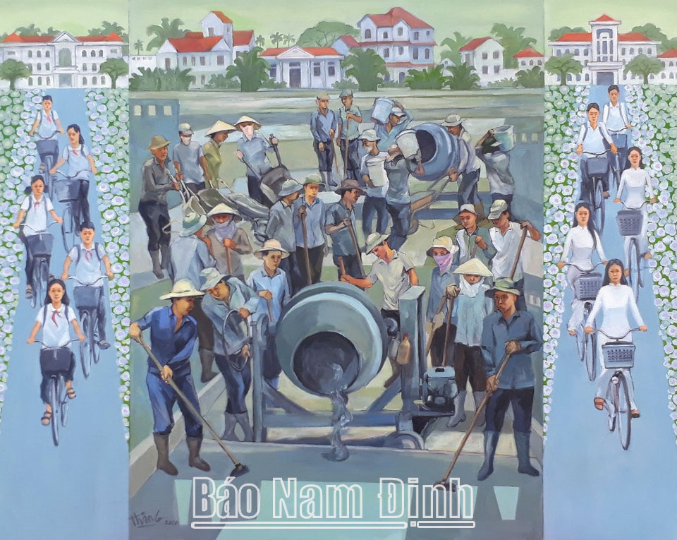 Tác phẩm tranh sơn dầu “Chung tay xây dựng nông thôn mới” của họa sĩ Trần Văn Thăng đạt giải C Giải thưởng Văn học - Nghệ thuật Lương Thế Vinh lần thứ VIII (2016-2020).