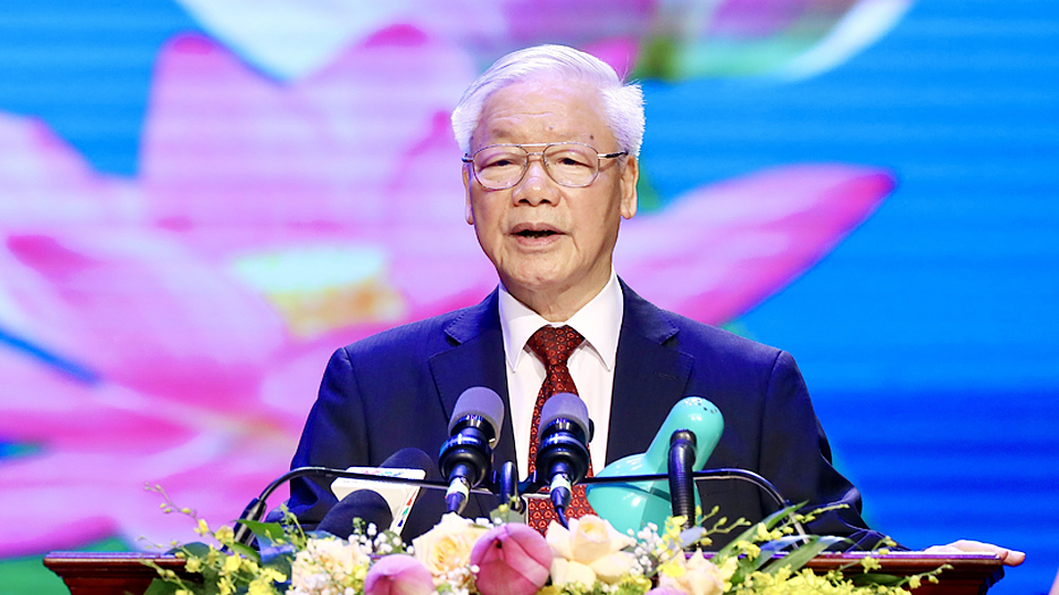 Tổng Bí thư Nguyễn Phú Trọng đọc diễn văn tại Lễ kỷ niệm.  Ảnh: Lâm Khánh/TTXVN