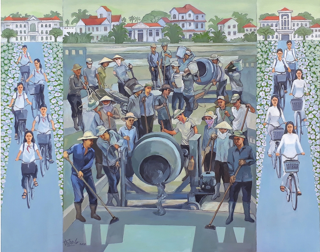 "Chung tay xây dựng nông thôn mới", tranh sơn dầu của họa sĩ Trần Văn Thăng.
