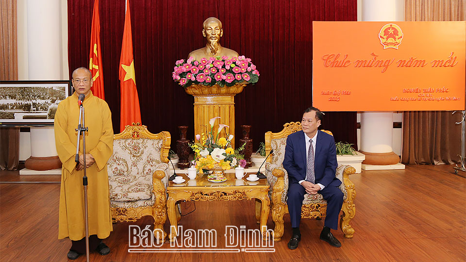 Hòa thượng Thích Quảng Hà, Phó Chủ tịch Hội đồng Trị sự Trung ương Giáo hội Phật giáo Việt Nam, Trưởng Ban Trị sự Giáo hội Phật giáo tỉnh phát biểu chúc Tết Tỉnh ủy.