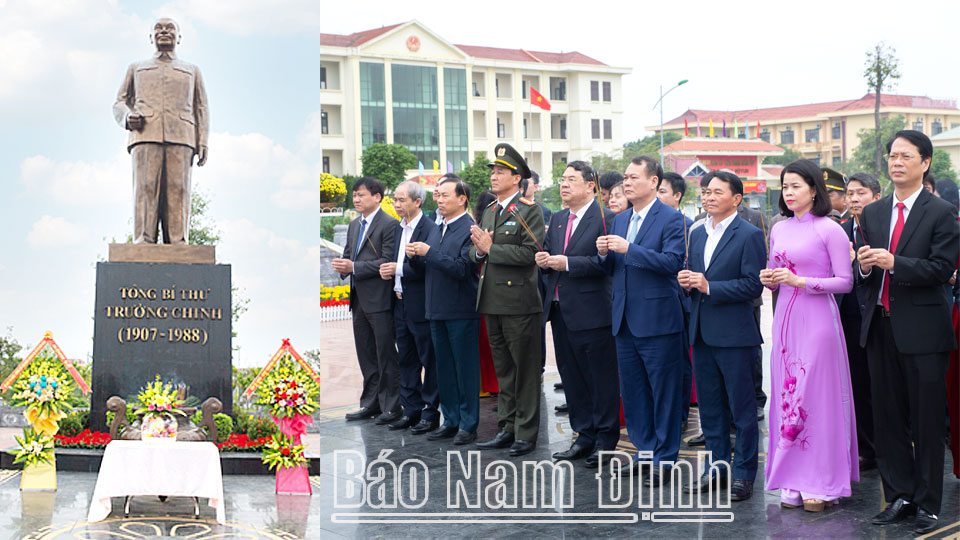 Các đồng chí lãnh đạo tỉnh dâng hương tại tượng đài Tổng Bí thư Trường Chinh (Xuân Trường).