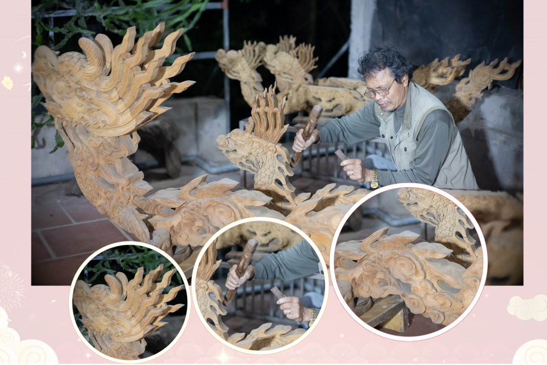 Nghệ nhân ưu tú Nguyễn Văn Đức, làng nghề La Xuyên, xã Yên Ninh (Ý Yên) chế tác hình tượng rồng kiệu thất cống.