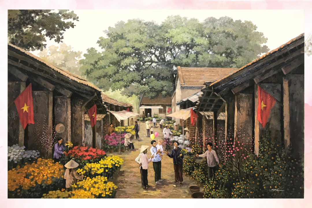 Tranh Chợ hoa ngày Tết của họa sĩ Trần Nguyên.