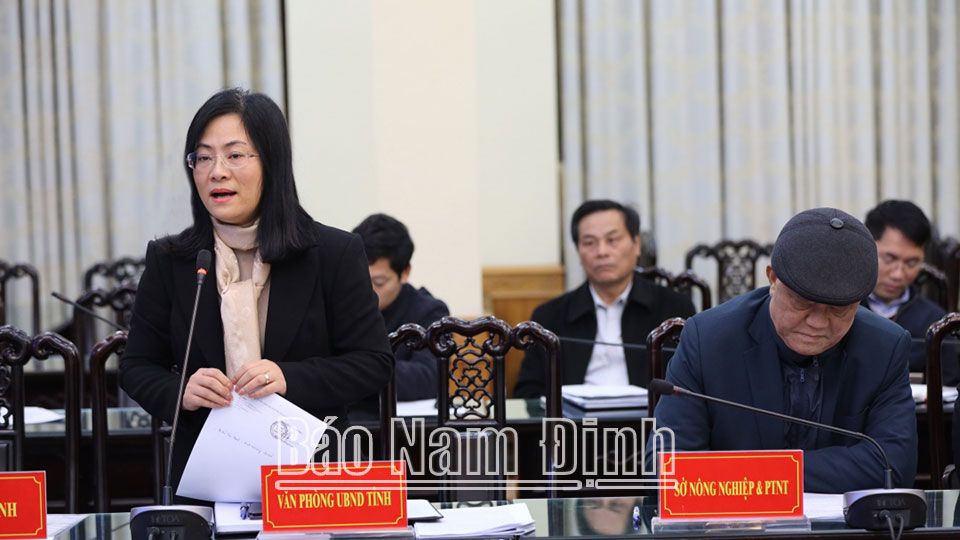 Đồng chí Chu Thị Loan, Chánh Văn phòng UBND tỉnh phát biểu tại cuộc họp. 