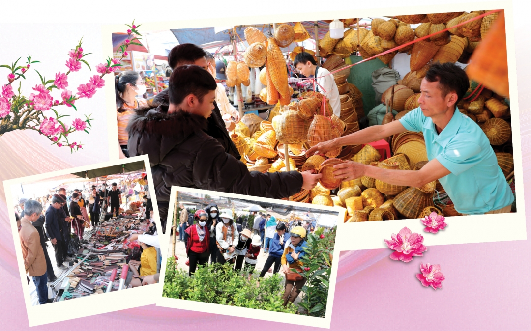 <em>Các sản phẩm nông nghiệp mây tre đan bày bán mang ý nghĩa cầu may tại chợ Viềng Xuân Vụ Bản.</em>