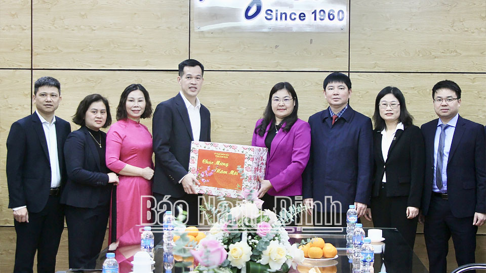 Đồng chí Hà Lan Anh, TUV, Phó Chủ tịch UBND tỉnh tặng quà, chúc Tết Ban giám đốc Công ty Cổ phần may Nam Định.
            