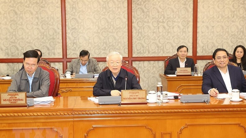 Tổng Bí thư Nguyễn Phú Trọng phát biểu kết luận cuộc họp. (Ảnh: Trí Dũng/TTXVN)
