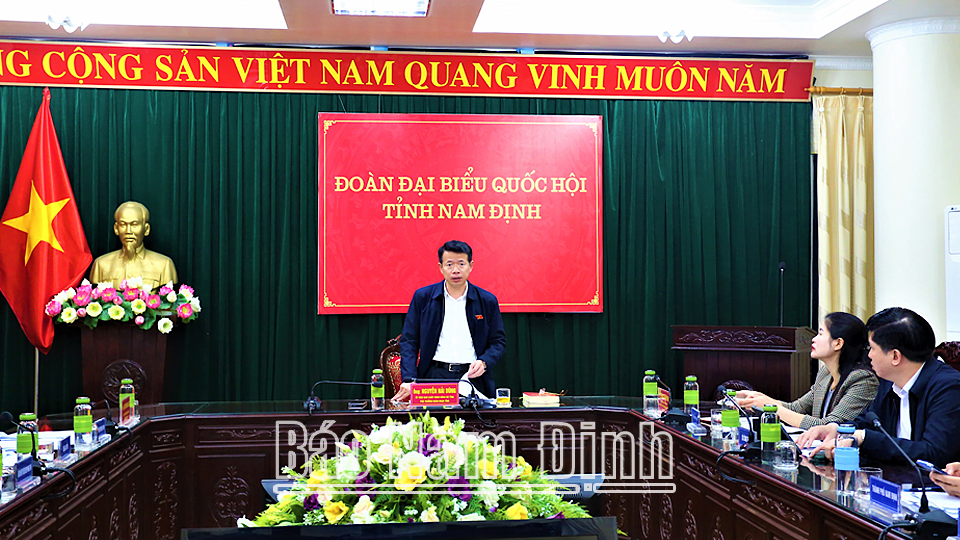 Đồng chí Nguyễn Hải Dũng, TUV, Phó trưởng đoàn chuyên trách Đoàn đại biểu Quốc hội tỉnh phát biểu tại hội nghị.