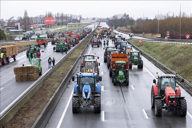 Nông dân Pháp phong tỏa cao tốc A1 nối thủ đô Paris và Lille trong cuộc biểu tình ở Lesquin, miền Bắc Pháp, ngày 25/1/2024. Ảnh: THX/TTXVN
