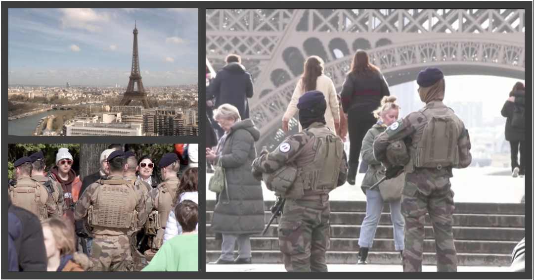 Cảnh sát Pháp tăng cường tuần tra ở những địa điểm công cộng. Ảnh cắt từ clip
