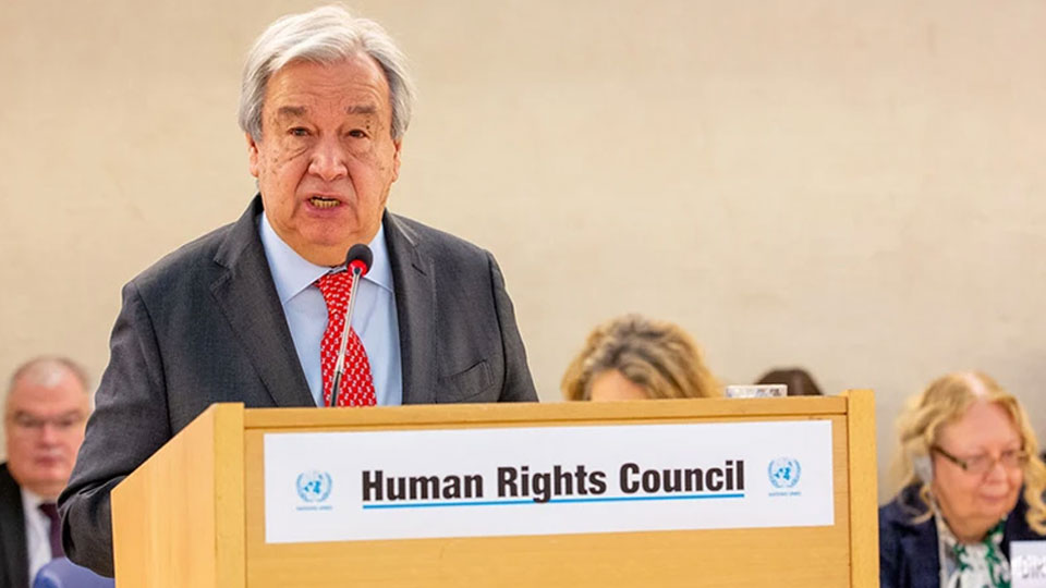 Tổng Thư ký António Guterres phát biểu tại Phiên họp thứ 55 của Hội đồng Nhân quyền Liên hợp quốc ở Geneva, Thụy Sĩ. 