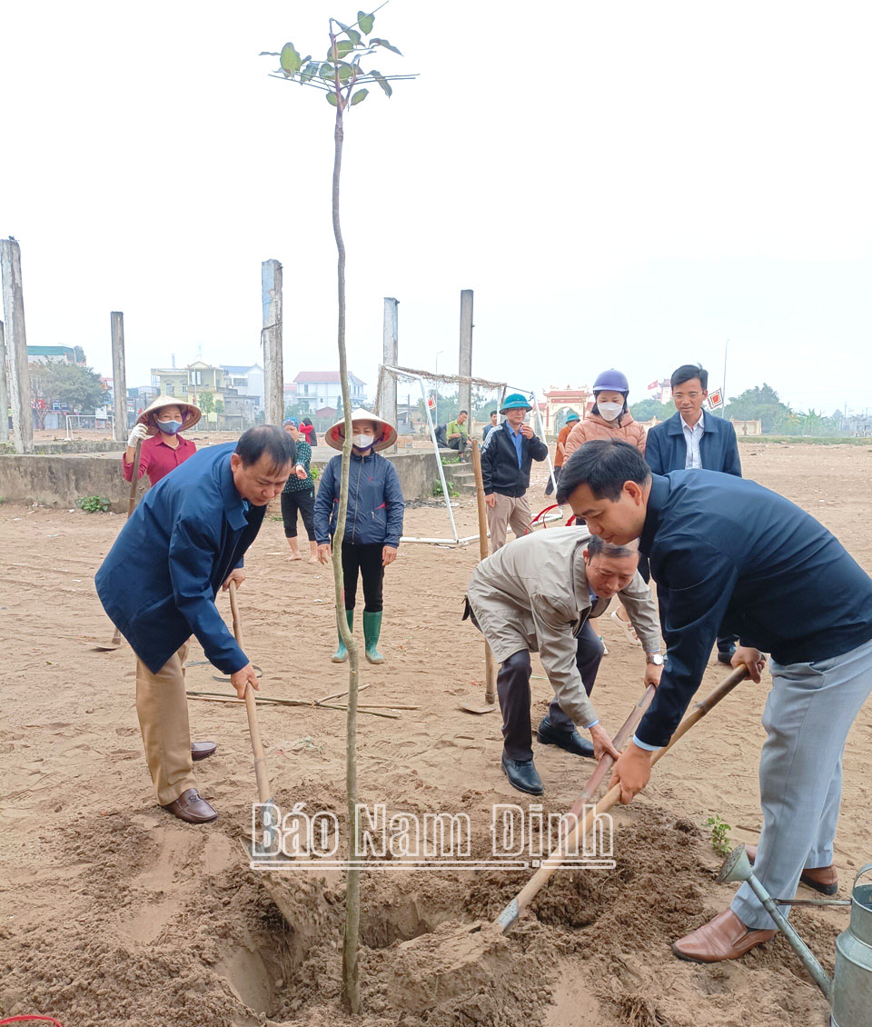 Nhân dân xã Hợp Hưng (Vụ Bản) trồng cây phân tán tạo cảnh quan môi trường sống xanh.