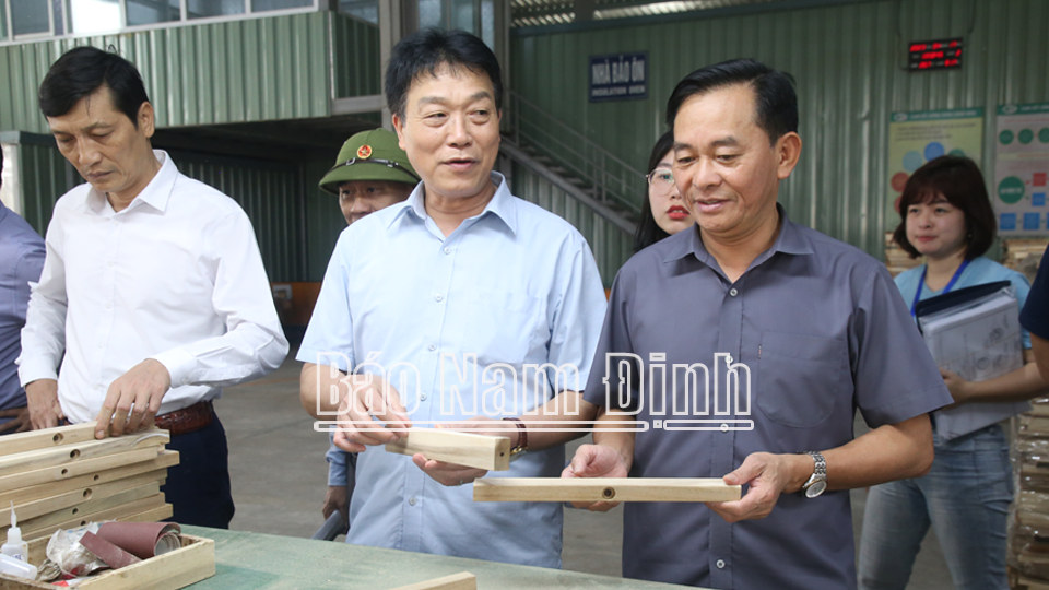 Đồng chí Nguyễn Phùng Hoan, Ủy viên Ban TVTU, Phó Chủ tịch Thường trực HĐND tỉnh khảo sát tại dự án xây dựng nhà máy chế biến gỗ do Công ty cổ phần Lâm sản Nam Định làm chủ đầu tư ở các xã Liên Bảo, Tân Thành (Vụ Bản).