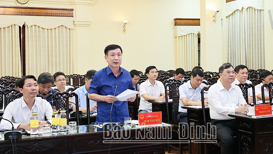 Đồng chí Chủ tịch UBND tỉnh Phạm Đình Nghị phát biểu tại hội nghị điểm cầu Nam Định. 
