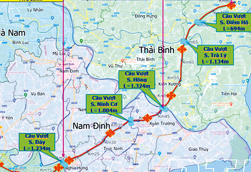 Hướng tuyến cao tốc qua Nam Định, Thái Bình. Ảnh: Thaibinh.gov
