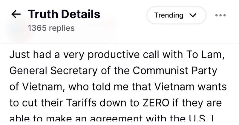 Ảnh chụp màn hình thông báo của Tổng thống Mỹ Donald Trump về cuộc điện đàm với Tổng Bí thư Đảng Cộng sản Việt Nam trên mạng xã hội Truth Social. (Ảnh: Ngọc Quang/TTXVN)
